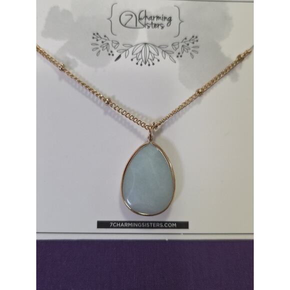 Light Blue Stone Teardrop Pendant Necklace On Gold Tone Satellite Station Chain - Picture 2 of 8